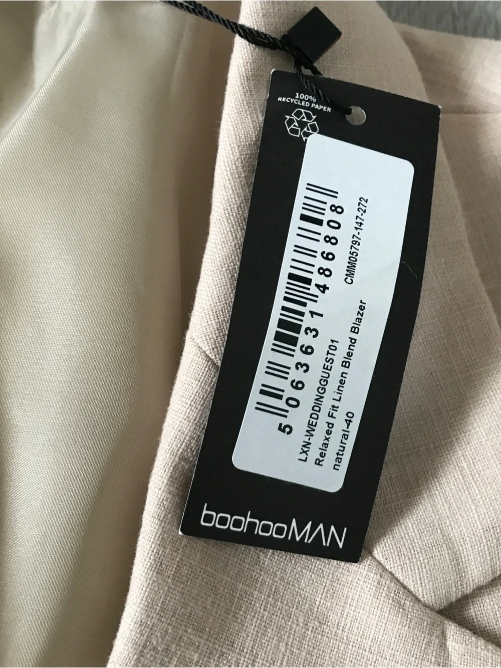 BOOHOO MEN LINEN BLAZER JACKET BEIGE CREAM TWO BUTTON 40